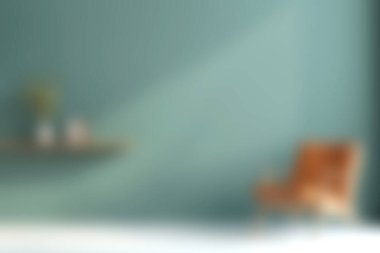 Huzurlu bir oturma odası, rahat bir sandalye ve sessiz yeşil bir duvar, somutlaşmış modern minimalist tasarım. Bu alan rahatlama ve sükuneti davet eder.