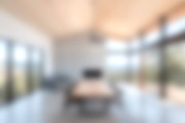 Parlak minimalist oturma odasında doğa manzarası sunan büyük pencereler var. Mekan, modern bir dokunuşla rahatlamak ve rahatlamak için tasarlandı..