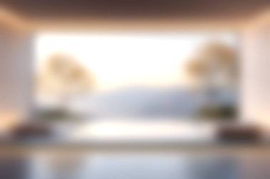 Yumuşak bir ışık ve geniş bir pencereden doğanın sakin bir görüntüsüne sahip huzurlu, modern bir iç mekan. Bu resim sükunet ve zarafetin özünü yakalar, tasarım için mükemmel bir ilham kaynağı..