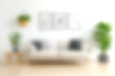 Rahat bir kanepe, canlı yeşil bitkiler ve minimalist dekorun yer aldığı parlak ve havadar bir oturma odası, dinlenmek için sakin bir atmosfer ve şık bir yer yaratıyor..