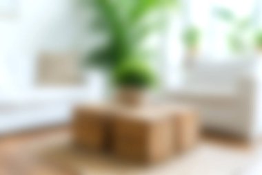 Yeşil bitkiler ve minimalist mobilyaların bulunduğu parlak ve rahat bir oturma odası. Şık bir iç dekorasyon için mükemmel. Rahatlama için davet alanı.