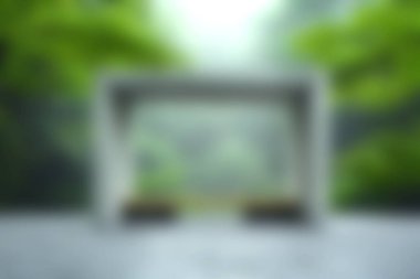 Modern bir bahçe inzivasında yemyeşil yemyeşil, yumuşak sislerle çevrili bir minimalist tasarım rahatlama ve ilham için huzurlu bir sığınak oluşturur..