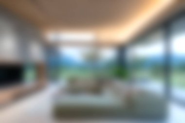 Parlak ve havadar modern oturma odası. Açık hava manzarası sunan geniş pencereleri var. Minimalist tasarım konfor ve sükuneti teşvik eder..