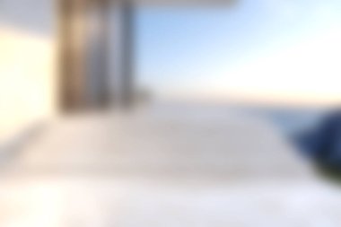 Modern bir balkondan, şafakta ya da alacakaranlıkta okyanusa ve gökyüzüne bakan sakin bir manzara. Bu görüntü huzur ve rahatlığı davetkar bir ortamda yakalar, tatiller için mükemmeldir..