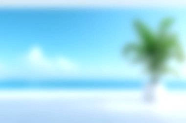 Berrak bir palmiye ağacının canlı mavi gökyüzü ve sakin okyanusa karşı durduğu sakin bir sahil sahnesi. Seyahat ve rahatlama temaları için ideal.
