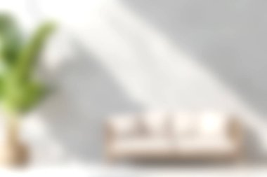 Huzurlu bir oturma odası sahnesi, rahat bir kanepe, parlak bir güneş ışığı, ve sıcak ve davetkar bir atmosfer yaratan bereketli bir bitki..