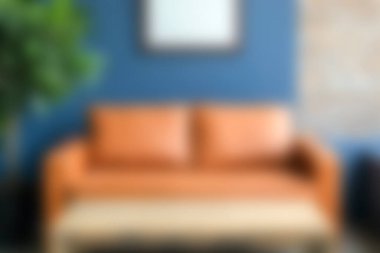 Bu güzel oturma odasında mavi aksanlı duvara karşı şık turuncu bir kanepe sergileniyor. Rahatlamak ve sosyalleşmek için ideal konforlu ve modern bir ortam yaratıyor..