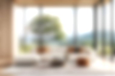 Güzel bir doğa manzarası olan geniş pencereli parlak modern oturma odası. Şık dekor konfor ve zarafeti birleştiriyor, sakin bir atmosfer yaratıyor..