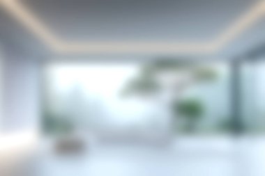 Yumuşak ışıklandırma ve kapalı alandaki bitkilerin serin ve sakin bir atmosfer yaratarak rahatlamak için ideal olduğu parlak ve havadar bir modern minimalist iç mekan..