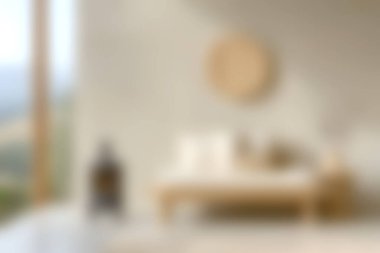 Parlak ve havadar modern oturma odasında minimalist tasarım ve doğal ışık bulunuyor. Saf ahşap mobilyalar ve zarif dekorlar huzurlu bir atmosfer yaratır..