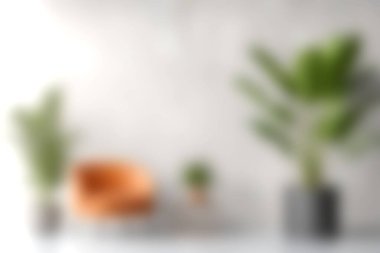 Sıcak bir iç mekan, canlı yeşil bitkiler ve modern bir koltuk. Yumuşak doğal ışık, uzayın sakin ve şık atmosferini arttırır..