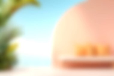 Yumuşak renkler ve tropikal elementlerin sergilendiği sakin ve cezbedici bir modern iç mekan. Bu alan dinlendirici bir atmosferi çağrıştırıyor. Rahatlık ve ilham için mükemmel..