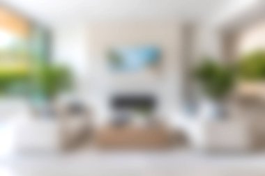 Modern bir oturma odasında şık mobilyalar, geniş pencereler, doğal ışık ve canlı bitkiler, parlak ve davetkar bir ortam yaratıyor..