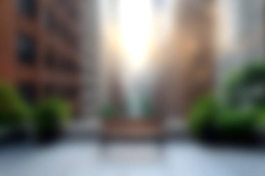 Bereketli yeşilliklerle çevrili ve yumuşak güneş ışığıyla aydınlatılmış bir bankın bulunduğu rüya gibi bir şehir manzarası. Bu huzurlu ortam şehir yaşamında huzuru yakalıyor..