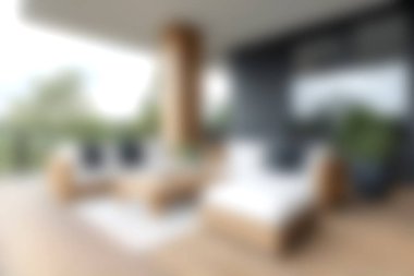 Doğal ortamında şık mobilyaların bulunduğu sakin bir açık hava yaşam alanı. Yumuşak odak rahatlama ve rahatlama için ideal rahat atmosferi vurgular.