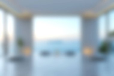 Nefes kesen okyanus manzarasına açılan geniş pencereli çarpıcı bir minimalist iç mekan, modern yaşam için mükemmel ve huzurlu bir atmosfer yaratıyor..