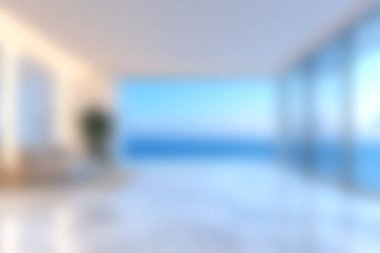 Parlak okyanus manzaralı, geniş tabandan tavana manzaralı, sakin ve davetkar bir atmosfer yaratan modern bir iç mekan..