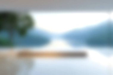 Huzurlu suları ve uzak dağları çerçeveleyen, barışı ve rahatlığı davet eden geniş pencerelere sahip, modern bir odadan huzurlu bir manzara manzarası deneyimleyin..