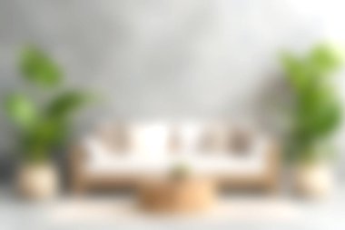 Modern bir kanepenin olduğu rahat bir oturma odası. Salon bitkileriyle çevrili. Rahatlamak ve şık yaşamak için mükemmel sakin bir atmosfer yaratıyor..