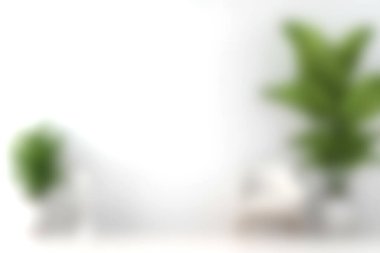 Parlak beyaz bir arkaplan karşısında yemyeşil bitkilerin bulunduğu şık ve minimalist bir iç mekan keşfedin, sakin ve davetkar bir atmosfer yaratın..