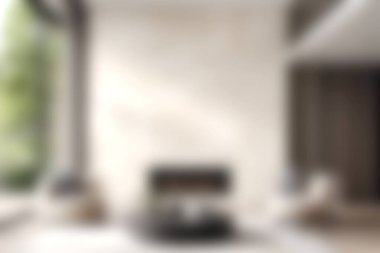 Çok güzel tasarlanmış, rahat bir şöminesi, bol doğal ışığı ve rahatlamak ve rahatlamak için mükemmel bir atmosferi olan minimalist bir oturma odası..