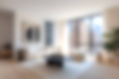 Bu resim, doğal ışıkla dolu modern bir oturma odasını gösteriyor, minimalist dekorasyonlar ve kentsel bir dairede mobilyalar, rahatlama ve yaşam tarzları için ideal..