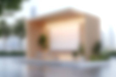 Modern bir minimalist ahşap yapı, yumuşak ışıklandırma ve yemyeşil yeşillik içeren sakin bir açık hava ortamında duruyor. Bu resim çağdaş tasarımın özünü yakalar..