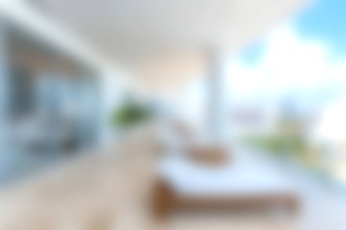 Güneşli bir günde şık mobilyaların ve parlak bir gökyüzünün bulunduğu sakin ve modern bir açık hava salonu, rahatlama ve rahatlama için mükemmel..