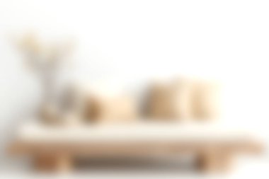 Yumuşak yastıklar, çiçek aranjmanları ve ahşap bir kanepe sergilenen rahat ve davetkar bir ortam yaratan minimalist bir oturma odası..