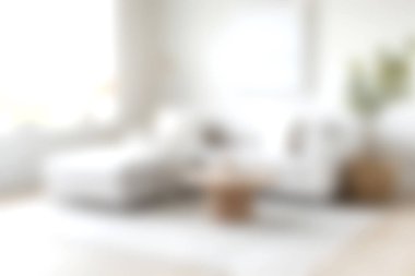 Beyaz bir kanepe ve basit bir dekorun bulunduğu rahat ve modern bir oturma odası. Parlak doğal ışıkla yıkanmış. Rahatlamak ve ortam yaratmak için mükemmel..