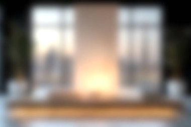 Sıcak ortam ışığının rahatlatıcı bir atmosfer yaratmasına olanak sağlayan geniş pencereli, rahat ve modern bir oturma odası..