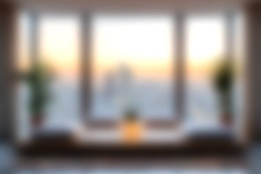 İçi rahat bir daire. Büyüleyici bir günbatımı manzarasını çerçeveleyen panoramik bir pencere. Bitkiler ve sıcak dekorla süslenmiş..