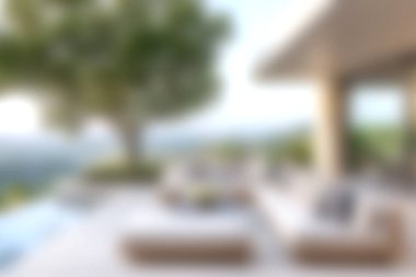 Bu görüntü modern mobilyaların bulunduğu şık bir açık hava yaşam alanı yakalıyor, zarafet yayıyor ve nefes kesici doğal manzaralar arasında rahatlatıcı bir ortam yaratıyor..