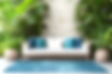 Bu görüntü, modern mobilyalar, yemyeşil bitkiler ve rahatlamak ve keyif almak için mükemmel sakin bir atmosfere sahip rahat bir açık alan içerir..