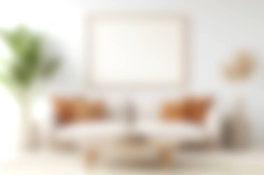 Güzel tasarlanmış bir oturma odası, rahat bir kanepe, minimalist dekorlar, ve boş bir çerçeve, sanatsal çalışmalar için hazır, hoş ve şık bir atmosfer yaratıyor..
