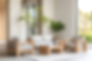 Doğal ışıkla dolu, modern ahşap mobilyalar ve canlı yeşilliklerle dolu rahat bir oturma odası. Rahatlamak ve sıcaklığı davet etmek için ideal..