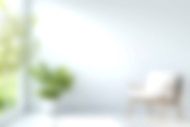 Işıl ışıl ve minimalist bir oturma odası. İçinde rahat bir sandalye, camdan içeri doğru yayılan doğal bir ışık ve hareketli bir kapalı alan yaratan bir bitki..