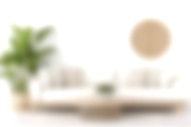 Huzurlu ve şık bir oturma odası. Minimalist, beyaz bir kanepe, yuvarlak bir dekor ve yemyeşil, parlak ve davetkar bir ortam yaratmak için mükemmel..