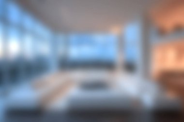 Şık ve ferah bir modern minimalist oturma odası, çarpıcı bir şehrin ufuk çizgisini çerçeveleyen geniş pencereli, sakin ve davetkar bir atmosfer yaratıyor..