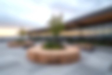 Şafak vakti dinlenmek ve huzur içinde dinlenmek için ideal, ağaçlarla ve oturma alanlarıyla modern bir tasarıma sahip huzurlu bir şehir bahçesi..