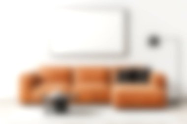 Modern turuncu kanepe şık bir oturma odasında, boş bir duvarla tamamlanmış. Minimalist dekorları sergilemek ve rahat bir atmosfer yaratmak için ideal..