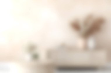 Yumuşak pastel renkler ve dekoratif elementlerle güzel tasarlanmış minimalist bir oturma odası rahatlama ve rahatlama için sakin ve zarif bir ortam yaratıyor..