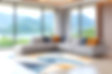 Rahat mobilyalar, geniş pencereler ve manzaralı parlak ve modern oturma odası. Çağdaş biçim ve sükuneti göstermek için ideal.