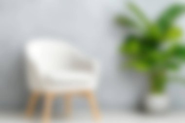 Doğal ahşap bacakları olan rahat, beyaz bir sandalye yemyeşil bir bitkinin yanında zarif bir şekilde oturur ve modern bir iç mekanda dingin ve davetkar bir ortam yaratır..