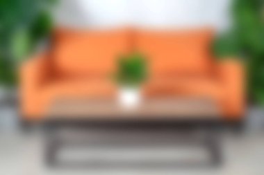 Canlı turuncu bir kanepe ve minimalist bir sehpanın olduğu modern bir oturma odası keşfedin. Bu düzen, kapalı alandaki bitkiler tarafından geliştirilmiş rahat bir atmosfer yaratıyor..