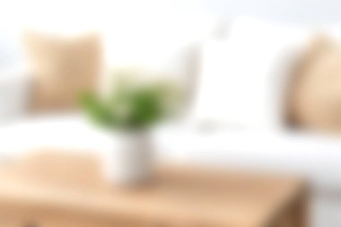 Yumuşak odaklı modern bir oturma odası görüntüsü. Beyaz bir kanepe, desenli yastıklar ve ahşap bir masada taze çiçekler içeren bir vazo. Huzurlu bir atmosfer yaratıyor..