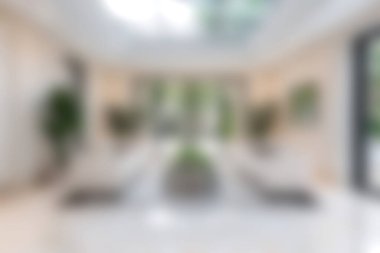 Geniş doğal ışık ve yeşillik içeren modern bir oturma odası, zarif bir dekor ve rahatlamak için sakin bir atmosfer..