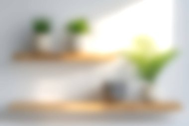 Parlak ve minimalist bir ev. Yeşil bitkilerle süslenmiş ahşap raflar sergileniyor. Güneş ışığı sıcak ve davetkar bir atmosfer yaratır. Dekor için mükemmel..