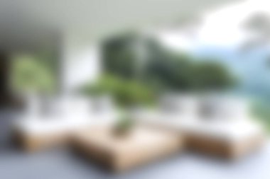 Şık mobilyaların, yemyeşil bitkilerin ve sakin bir arka planın bulunduğu açık ve havadar bir alan. Rahatlamak ve eğlenmek için mükemmel bir ortam..