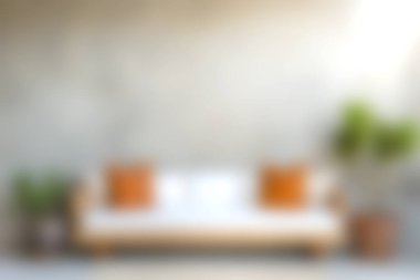 Süslü ve davetkar bir oturma odası. İçinde turuncu yastıklarla süslenmiş modern minimalist bir kanepe var. Dekoratif bitkilerle çevrili..